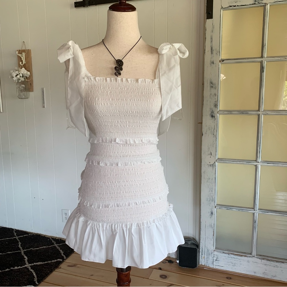 White Smocked Mini Dress with Bow Straps